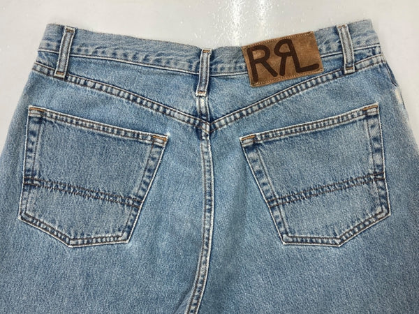 ダブルアールエル RRL 90s DENIM PANTS デニム パンツ ボタンフライ ジーパン ジーンズ USA製 Ralph Lauren インディゴ 青 ロゴ R002 デニム ブルー サイズ 34 104MB-223