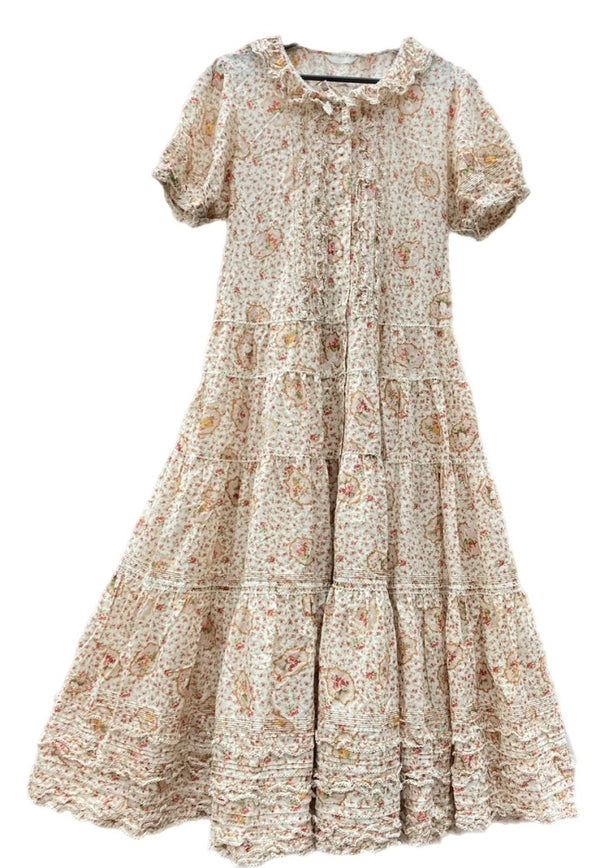 ピンクハウス PINKHOUSE DRESS ドレス 半袖 ロング丈 マキシ丈 ピコフリル ローズブーケ 小花柄 リボン フリル ティアード レトロ アンティーク ロリータ PINK アイボリー IVORY A2151FAY303 ワンピース 総柄 ピンク Lサイズ 104LT-221