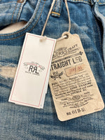 ダブルアールエル RRL DENIM PANTS デニム パンツ ボタンフライ ダメージ加工 ジーパン ジーンズ USA製 Ralph Lauren インディゴ 青 ロゴ R41RB07 デニム ブルー サイズ 33 104MB-214