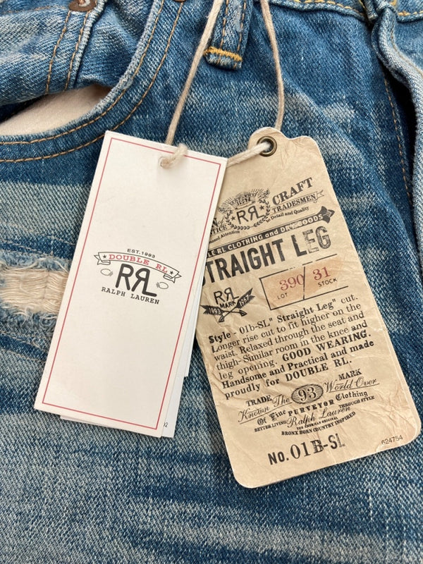 ダブルアールエル RRL DENIM PANTS デニム パンツ ボタンフライ ダメージ加工 ジーパン ジーンズ USA製 Ralph Lauren インディゴ 青 ロゴ R41RB07 デニム ブルー サイズ 33 104MB-214