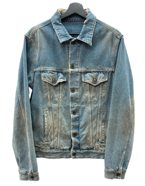 オフホワイト OFF-WHITE 18AW グラディエント アロー デニム Gジャン シルバープレート バックプリント ダメージ加工 ヴィンテージ加工 イタリア製 BLUE 青 OMYE005F18166005 ジャケット ロゴ ブルー Lサイズ 104MT-1837