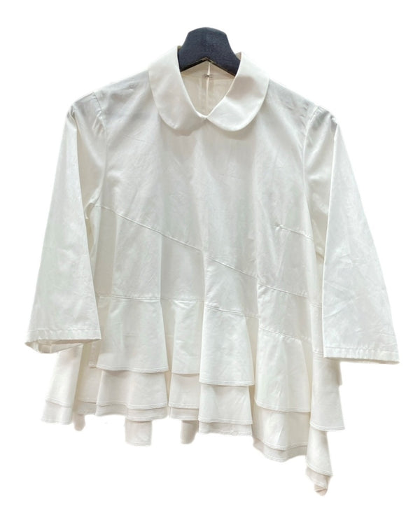 コムデギャルソン COMME des GARCONS 2015年製 七分袖 ぺプラム ブラウス 丸襟 ラウンドカラー フリル ティアード コットン 日本製 WHITE 白 TP-B018 半袖シャツ アシンメトリー ホワイト Mサイズ 104LT-161