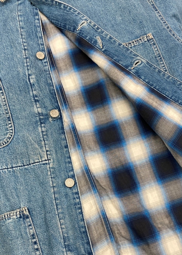 ダブルアールエル RRL 90s COVERALL JACKET カバーオール ジャケット 三ツ星タグ 裏地オンブレチェック コーデュロイ USA製 Ralph Lauren 青 ジャケット 無地 ブルー Mサイズ 104MT-1350