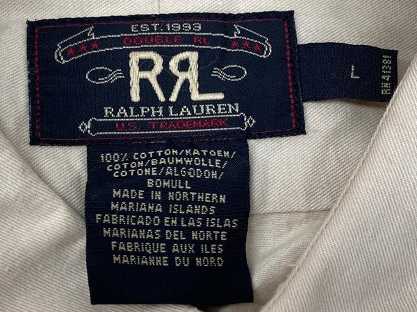 ダブルアールエル RRL 90s 三ツ星タグ MILITARY SHIRT ミリタリー サファリシャツ ステンカラー フロントボタン ヴィンテージ VINTAGE ラルフローレン RALPH LAUREN コットン 北マリアナ諸島製 BEIGE 長袖シャツ 無地 ベージュ Lサイズ 104MT-1971
