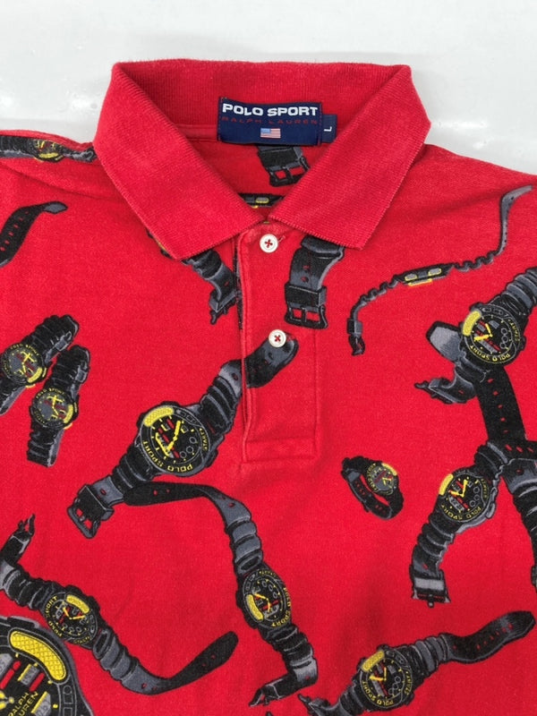 ラルフローレン RalphLauren POLO SPORT 90s CLOCK POLO SHIRT クロック ポロ シャツ USA製 腕時計 半袖 赤 半袖ポロシャツ 総柄 レッド Lサイズ 104MT-2350