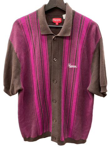 シュプリーム SUPREME 22SS Stripe Button Up Polo ストライプ ボタンアップ コットン ニット ポロ  半袖ポロシャツ ストライプ ブラウン Mサイズ 104MT-306
