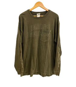 ハーレーダビッドソン Harley-Davidson 00’s  バーアンドシールドロゴ モーターサイクル レーシング フレイム ファイヤーパターン 袖プリント 両面プリント VINTAGE ヴィンテージ XL ロンT カーキ LLサイズ 101MT-4568