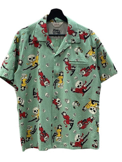 スターオブハリウッド STAR OF HOLLYWOOD THE DEVIL SKULL GIRLS  OPEN COLLAR SHIRT オープン カラー シャツ ハワイアン 開襟 半袖  緑 SH38115 半袖シャツ スカル グリーン Mサイズ 104MT-1320