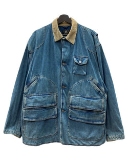 ダブルアールエル RRL 90s DENIM HUNTING JACKET デニム ハンティング ジャケット ボタン 三ツ星タグ Ralph Lauren 青 ジャケット 無地 ブルー Lサイズ 104MT-2295