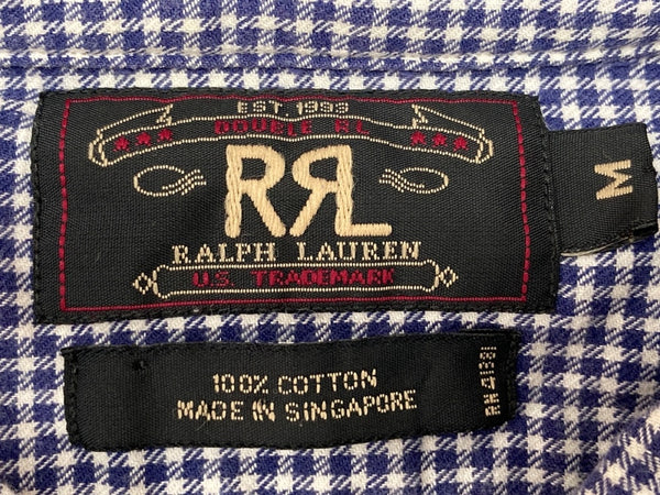 ダブルアールエル RRL 90s 三ツ星タグ SHIRT ステンカラー オープンカラー 開襟 フロントボタン ヴィンテージ VINTAGE ラルフローレン RALPH LAUREN ギンガムチェック コットン シンガポール製 BLUE 青 長袖シャツ 総柄 ブルー Mサイズ 104MT-1972