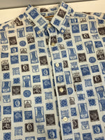 ヴィンテージ vintage 60's 60年代 GOLDEN BRENT ブレント 総柄 切手柄 stamp pattern 長袖シャツ ブルー Mサイズ 101MT-3943