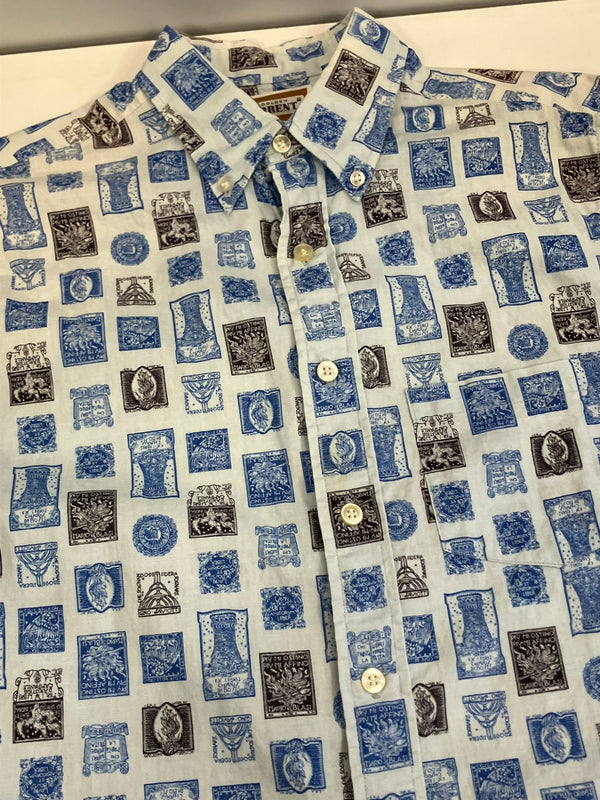 ヴィンテージ vintage 60's 60年代 GOLDEN BRENT ブレント 総柄 切手柄 stamp pattern 長袖シャツ ブルー Mサイズ 101MT-3943