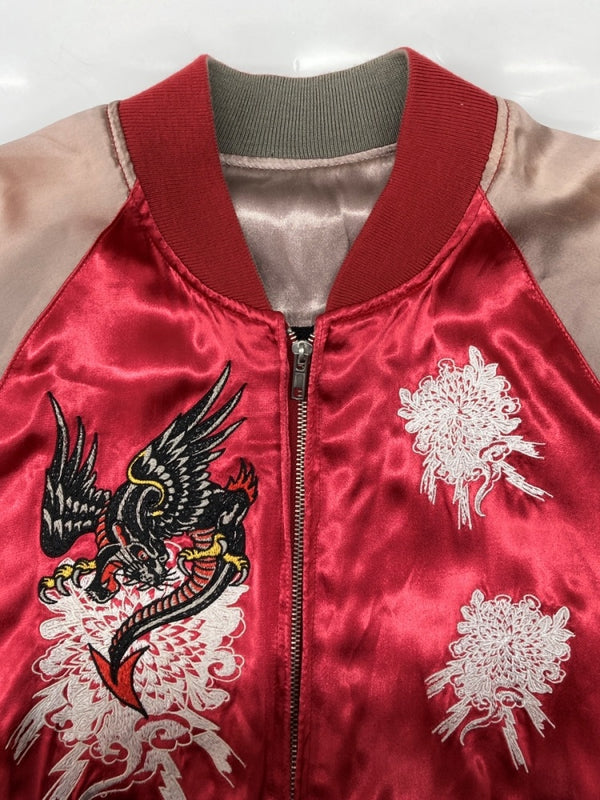 エドハーディー Ed Hardy 龍刺繍 スカジャン ドラゴン柄 ジップアップ チェーン刺繍 アウター ジャケット 赤 ジャケット 総柄 レッド Mサイズ 104MT-1663