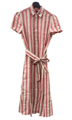 ラルフローレン RalphLauren ポロ POLO 23SS 現行タグ ストライプドベルテッド リネン ミディシャツ ドレス SHIRT LINEN 麻 DRESS ロング丈 RED 赤 BEIGE ベージュ ワンピース ストライプ レッド SIZE4 104LT-188