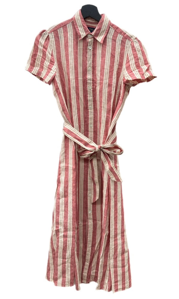 ラルフローレン RalphLauren ポロ POLO 23SS 現行タグ ストライプドベルテッド リネン ミディシャツ ドレス SHIRT LINEN 麻 DRESS ロング丈 RED 赤 BEIGE ベージュ ワンピース ストライプ レッド SIZE4 104LT-188