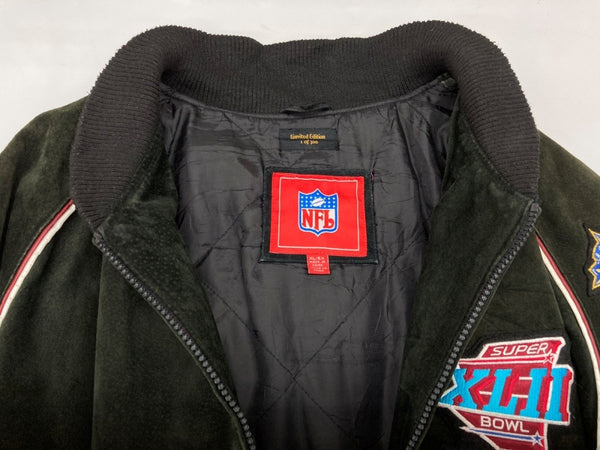 エヌエフエル NFL XLII SUPER BOEL スーパーボウル スタジャン アウター アメフト レザー 革 スエード スウェード ワッペン 刺繍 KHAKI 深緑  6A7GBB00 ジャケット ロゴ カーキ XLサイズ 104MT-1823