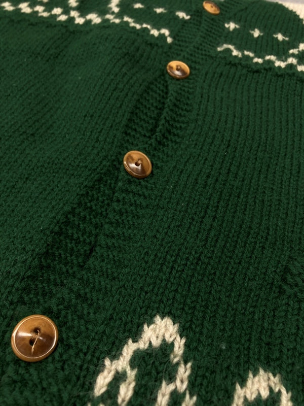 ダブルアールエル RRL 90s WOOL VEST ウール ベスト カウチン ボタン Vネック HAND KNIT トナカイ柄 三ツ星タグ Ralph Lauren ラルフローレン 緑 ベスト 総柄 グリーン Mサイズ 104MT-1747