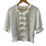 カネコイサオ kaneko isao ワンダフルワールド リボン ブラウス フリル パールボタン 半袖シャツ ホワイト 201LT-434