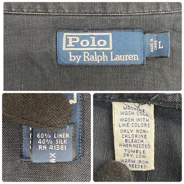 【曜日割引対象外】 ラルフローレン POLO by Ralph Lauren 半袖 オープンカラー リネンシャツ 半袖シャツ ブラック Lサイズ 201MT-4092 VB