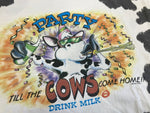ヴィンテージ vintage 90's 90年代 PARTY TILL THE COWS COME HOME DRINK MILK 牛 ホルスタイン アニマルT 総柄 シングルステッチ - Tシャツ ホワイト 101MT-3916