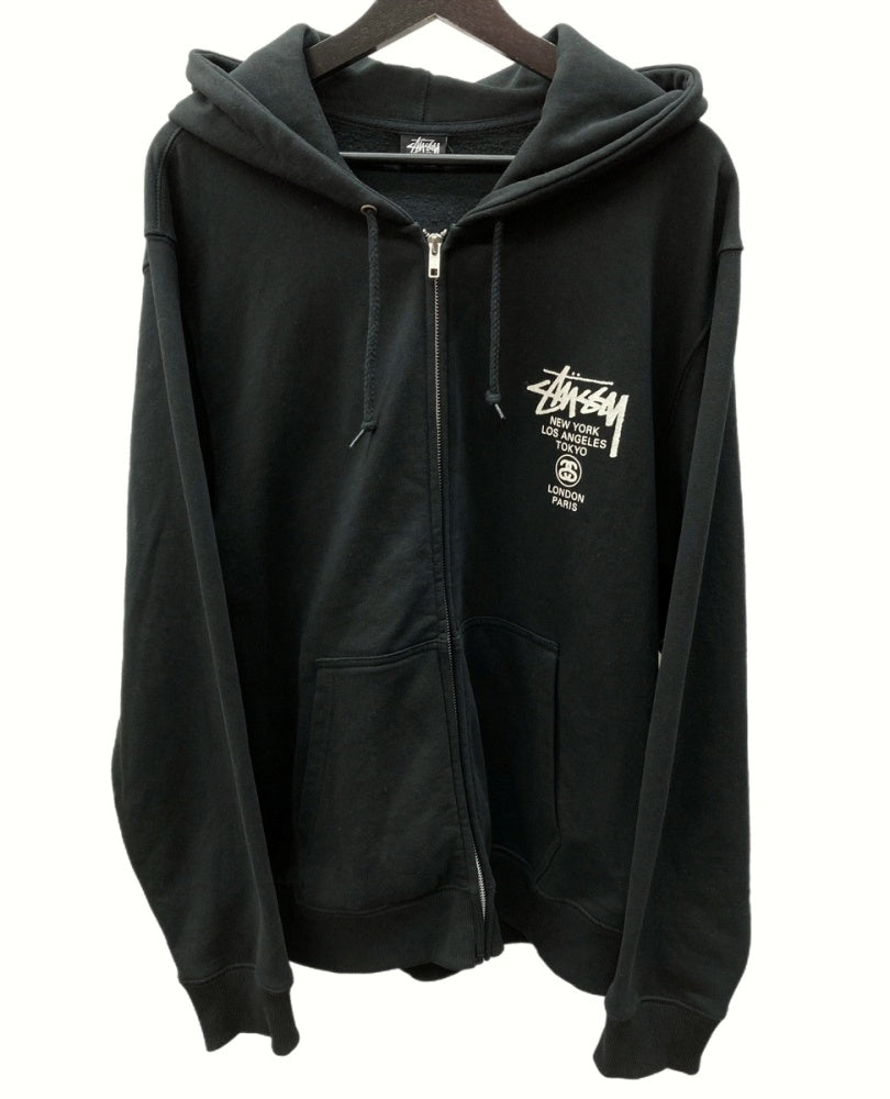 ステューシー STUSSY WORLD TOUR ZIP HOODIE ワールド ツアー ジップ フーディ スウェット パーカー プリント BLACK 黒  パーカ ロゴ ブラック Lサイズ 104MT-737 | 古着通販のドンドンサガール