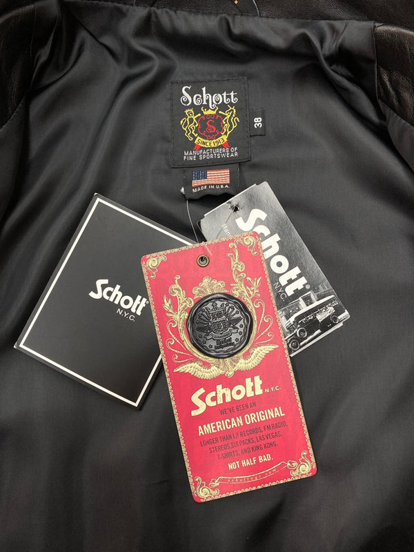 ステューシー STUSSY Schott ショット コラボ シングル ライダース レザー 革ジャン ラムレザー 羊革 USA製 黒 7547 サイズ 38 ジャケット ライン ブラック 104MT-2077