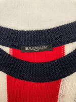 バルマン BALMAIN DAMAGE KNIT ダメージ ニット ユニオンジャック ショルダーボタン ダメージ加工 クルーネック 国旗 白 赤 紺 セーター 総柄 レッド Sサイズ 104MT-1082