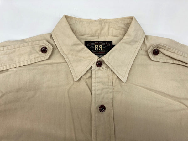 ダブルアールエル RRL 90s 三ツ星タグ MILITARY SHIRT ミリタリー サファリシャツ ステンカラー フロントボタン ヴィンテージ VINTAGE ラルフローレン RALPH LAUREN コットン 北マリアナ諸島製 BEIGE 長袖シャツ 無地 ベージュ Lサイズ 104MT-1971
