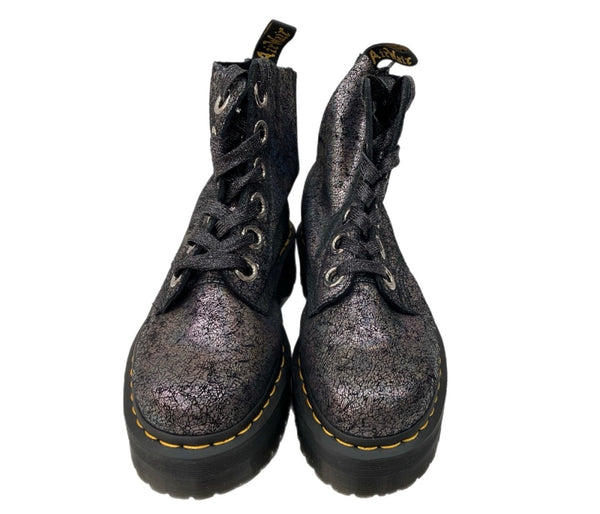 ドクターマーチン Dr.Martens MOLLY 6EYE IRIDESCENT CRACKLE BOOTS クラックルダブルソール  厚底 メタリック ガンメタル GUNMETAL BLACK 黒 ブーツ ブラック UK6 104S-812