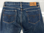 ダブルアールエル RRL DENIM PANTS デニム パンツ 赤耳 セルビッチ ボタンフライ ジーパン ジーンズ USA製 Ralph Lauren インディゴ 青 ロゴ デニム ブルー 34×32 104MB-352
