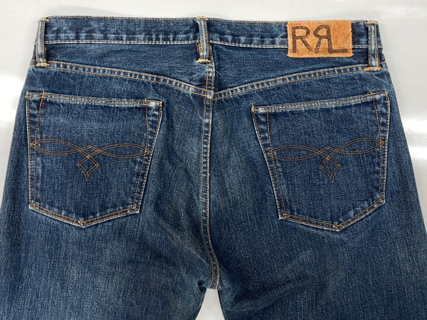 ダブルアールエル RRL DENIM PANTS デニム パンツ 赤耳 セルビッチ ボタンフライ ジーパン ジーンズ USA製 Ralph Lauren インディゴ 青 ロゴ デニム ブルー 34×32 104MB-352