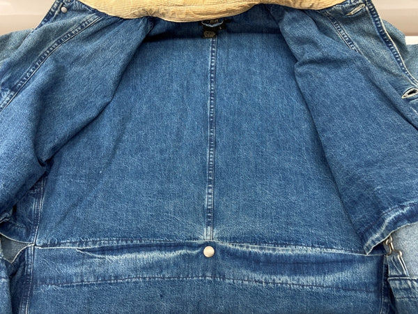 ダブルアールエル RRL 90s DENIM HUNTING JACKET デニム ハンティング ジャケット ボタン 三ツ星タグ Ralph Lauren 青 ジャケット 無地 ブルー Lサイズ 104MT-2295