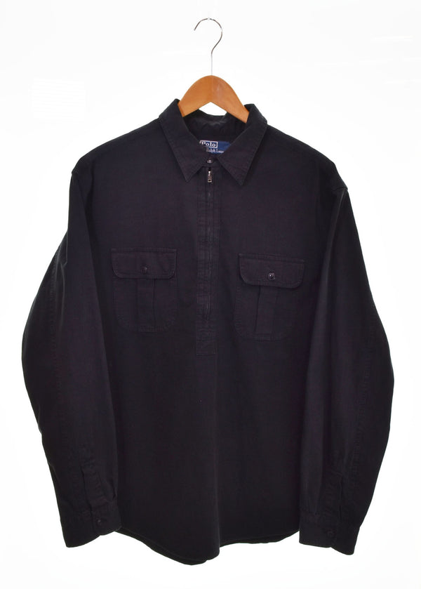 ラルフローレン RalphLauren 90s ハーフジップシャツ TALONジップ チンストラップ 長袖シャツ ブラック LLサイズ 103MT-2654