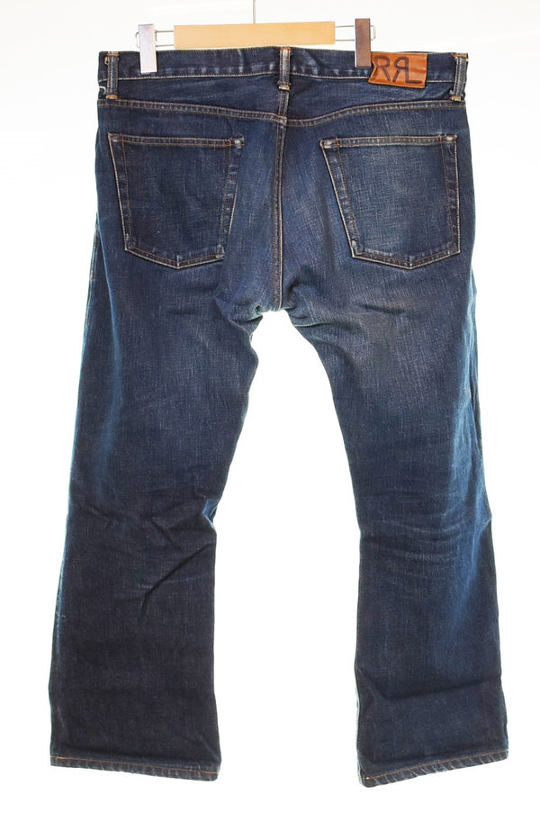 ダブルアールエル RRL ボタンフライ ラルフローレン 革パッチ フレア ブーツカット デニム 00'S 2000年代 デニム ブルー 34 103MB-593
