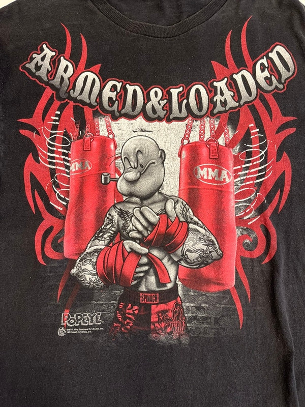US US古着 POPEYE ポパイ MMA Fighter Armed And Loaded キャラT 黒  Tシャツ ブラック 101MT-4836