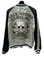 バック ストリート クロウラー BACK STREET CRAWLER リバーシブル スカジャン 両面刺繍 ピンナップガール スカル 銀 黒 ジャケット 刺繍 シルバー Lサイズ 104MT-1335