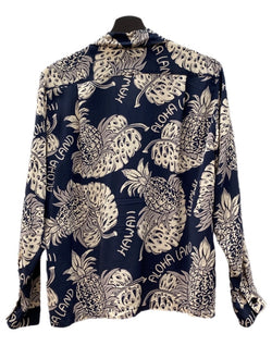 サンサーフ SUN SURF ALOHA SHIRT アロハ シャツ THE PINEAPPLE ISLAND ハワイアン オープンカラー ボタン 開襟 長袖 薄手 紺 SS23303 長袖シャツ 総柄 ネイビー Sサイズ 104MT-2325