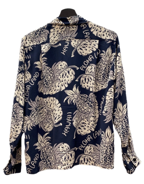 サンサーフ SUN SURF ALOHA SHIRT アロハ シャツ THE PINEAPPLE ISLAND ハワイアン オープンカラー ボタン 開襟 長袖 薄手 紺 SS23303 長袖シャツ 総柄 ネイビー Sサイズ 104MT-2325