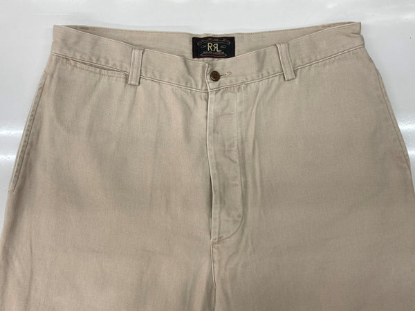 ダブルアールエル RRL 90s CHINO PANTS チノ パンツ ボタンフライ ワーク トラウザーズ 三ツ星タグ USA製 Ralph Lauren 薄茶 無地 チノパン ベージュ 32×31 104MB-346