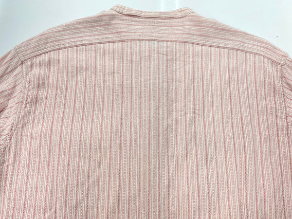 ダブルアールエル RRL 90s 三ツ星タグ バンドカラー ノーカラー マチ付き  グランパシャツ リネン混 長袖シャツ ストライプ ピンク Lサイズ 104MT-2060