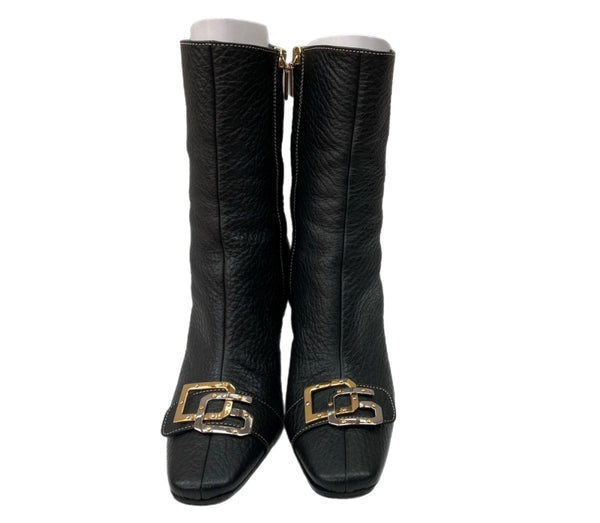 ドルチェ＆ガッバーナ Dolce&Gabbana VERO CUOIO ミドルブーツ チゼルトゥ スクエアトゥ ロゴ金具 ゴールド 刻印 イタリア製 BLACK 黒 DIW5080031 レディース靴 ブーツ その他 ブラック SIZE37 1/2 104S-720