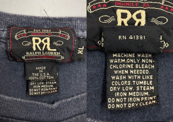 ダブルアールエル RRL 90s PRINT LOGO T-SHIRT プリント ロゴ Tシャツ トラック ひいらぎ 半袖 USA製 三ツ星タグ Ralph Lauren 紺 Tシャツ プリント ネイビー XLサイズ 104MT-1485