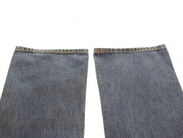 ダブルアールエル RRL ボタンフライ ストレートデニム 日本製 ダメージ加工 青耳 革パッチ デニム ブルー 32/34 103MB-586