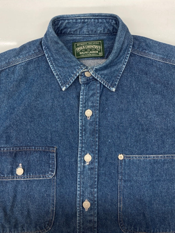 ラルフローレン RalphLauren POLO COUNTRY 90s DENIM WORK SHIRT デニム ワーク シャツ タックボタン ハミルトン社 長袖 インディゴ 青 長袖シャツ 無地 ブルー Mサイズ 104MT-2264