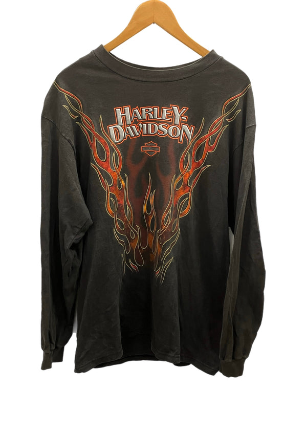 ハーレーダビットソン Harley Davidson 90s 90's Long Sleeve T-Shirt Flame Pattern ©︎1999 USA製 MADE IN USA ファイヤーパターン ロンT プリント ブラック Lサイズ 101MT-2536