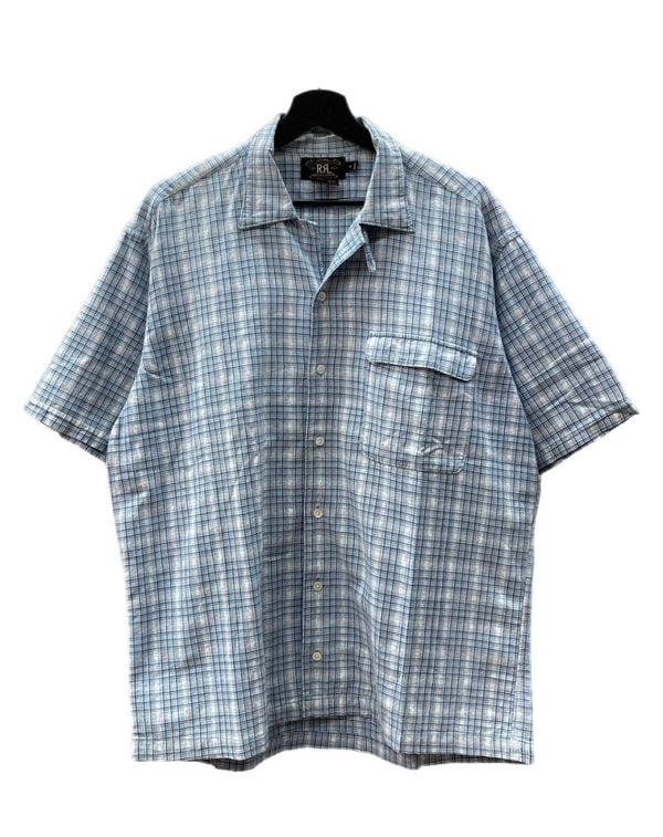 ダブルアールエル RRL 90s OPEN COLLAR SHIRT オープン カラー シャツ アロハ ハワイアン ワーク 半袖 開襟 三ツ星タグ Ralph Lauren 青 半袖シャツ チェック ブルー Mサイズ 104MT-1517