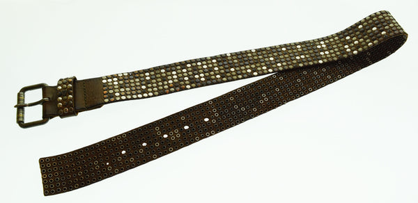 エイチティーシー HTC スタッズベルト 7連 ラインストーン レザー 85/34 ベルト・サスペンダー メンズベルト ブラウン 103G-173