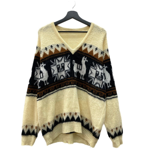 ヴィンテージ vintage モヘア ニット ノルディック オーバーサイズ Vネック オフホワイト セーター ライン ベージュ 104MT-1670