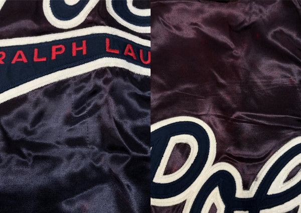 ラルフローレン RalphLauren 90s 90年代 POLO SPORT USA製 サテン スタジャン ブルゾン アウター チェーンステッチ 紫 紺 ジャケット 刺繍 パープル Sサイズ 104MT-2287