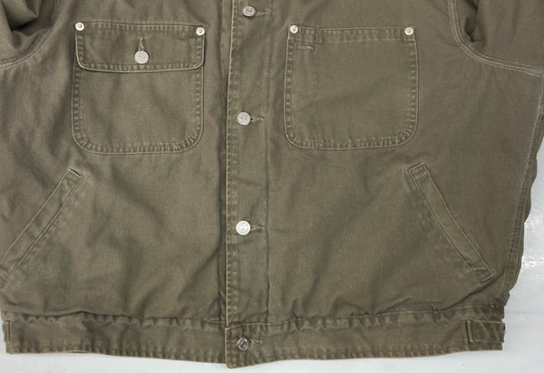 ラルフローレン RalphLauren 90s DUCK JACKET ダック ジャケット ワーク 革パッチ 襟コーデュロイ 裏地ブランケット USA製 アウター 緑 ジャケット ロゴ カーキ XLサイズ 104MT-1380
